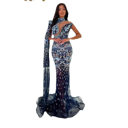 Fashion Prom Dress One Shoulder Wedding Party Dress Sparkle Crystals Birthday Princess Sweep Tail Evening Gowns Dress Customized