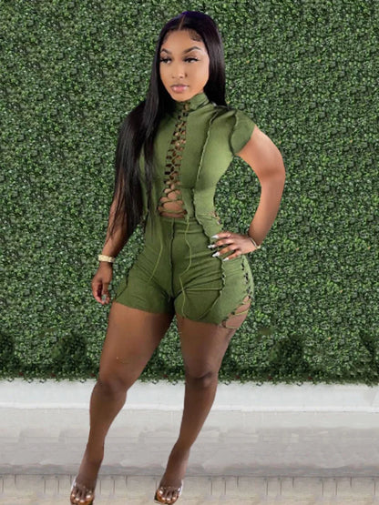 Wholesale Streetwear Jumpsuit Women 2023 One-pieces Outfits Rompers Summer Green Short Sleeve Bodycon Casual Bandage Playsuits