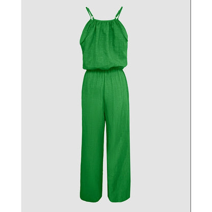Women's Casual Solid Color Wide Leg Straight Overalls Summer Sleeveless Spaghetti Strap Drawstring Waist Jumpsuits