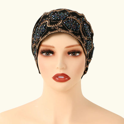 Luxury Embroidery Lace Turban Cap Muslim Women Floral Rhinestone Modal Head Cover Hat Islamic Headwear Bonnet Female Head Wraps