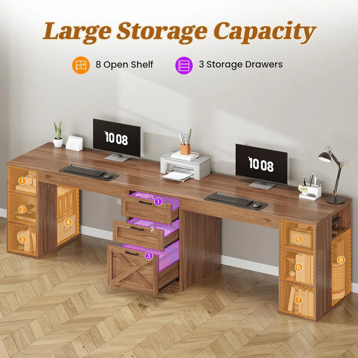 Farmhouse 96.5" 2 Person Computer Desk with Drawers for Home Office | Gaming Double Desk with Storage Shelves, Long Two, Custom