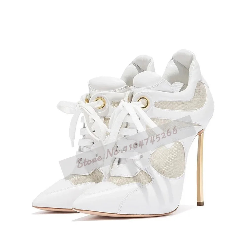 Women Golden Blade Heel Lace-Up Dress Pumps White Matte Leather Air Mesh Patchwork Banquet Shoes Network Ring Buckle Footwear