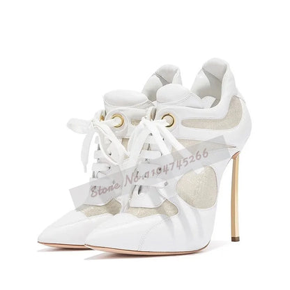 Women Golden Blade Heel Lace-Up Dress Pumps White Matte Leather Air Mesh Patchwork Banquet Shoes Network Ring Buckle Footwear