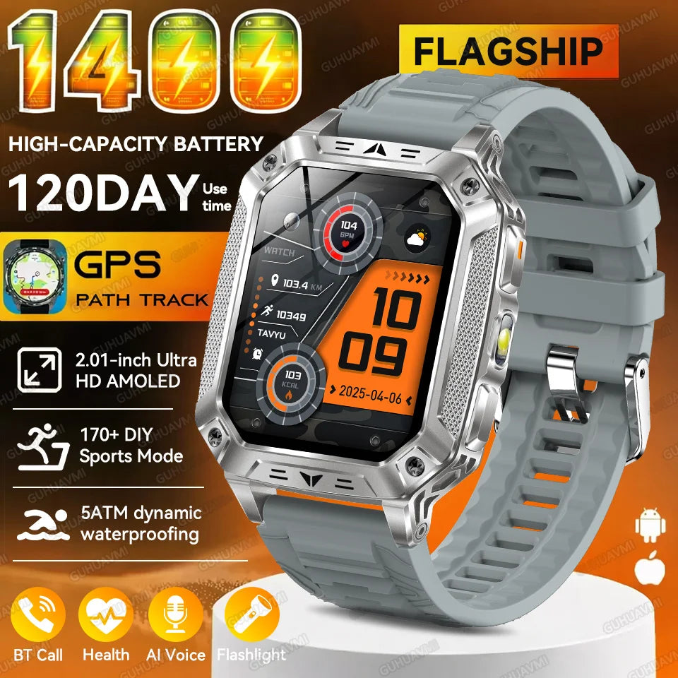 2026 New Outdoor GPS Smart Watch 1400mAh High Capacity Battery 2.01" Sapphire Screen 10ATM Waterproof Dual-color Lamp Smartwatch