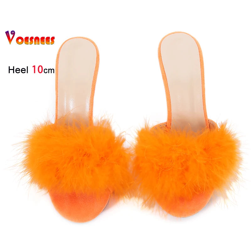 10CM Thin High Heel Summer Furry Slippers For Ladies Mules Fashion Fluffy Fur Slides Sandals 2025 New Brand Women's Party Shoes