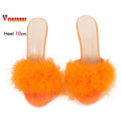 10CM Thin High Heel Summer Furry Slippers For Ladies Mules Fashion Fluffy Fur Slides Sandals 2025 New Brand Women's Party Shoes