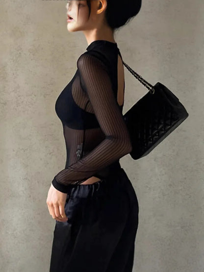 2026 New Arrival Y2K Black Sexy Spicy Girl Style Backless Cutout Lightly Mature Elegance Striped Mesh Sheer Sensual Long Sleeve