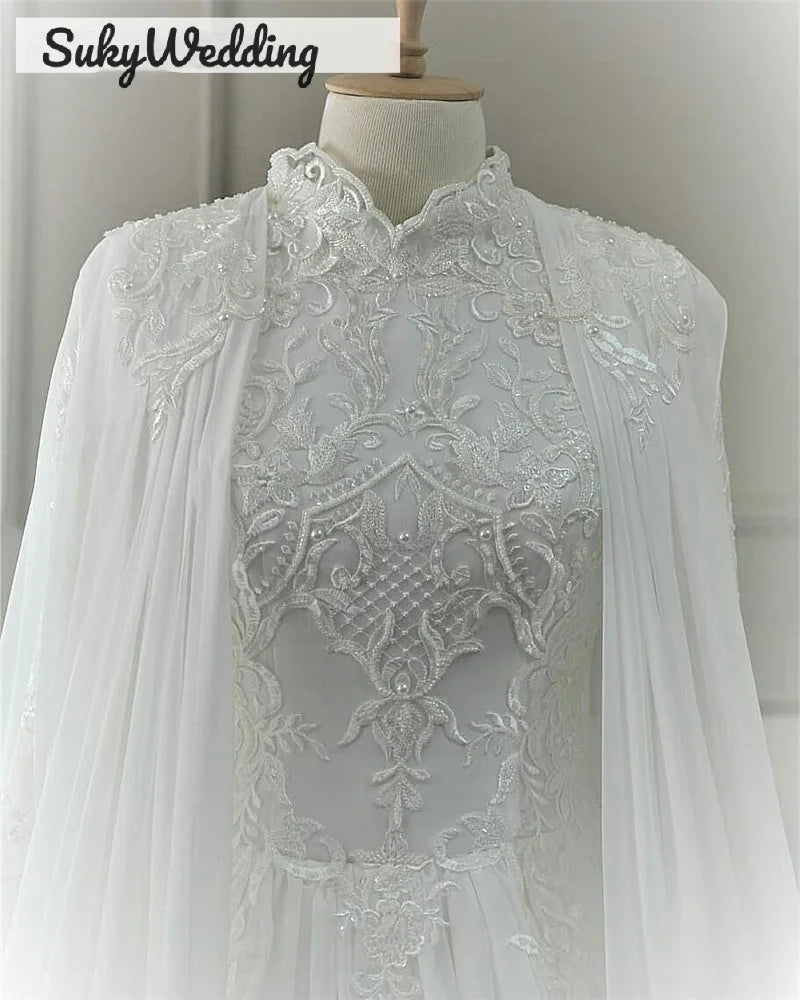 Muslim Arabic Wedding Dresses With Cape Lace Appliques Sequines High Neck Dubai Princess Bride Wedding Dress Customized