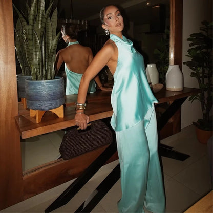 HXAO Satin Jumpsuits For Women Off Shoulder Halter Full Length Jumpsuit Summer Backless One Piece Wide Leg Long Pants Romper