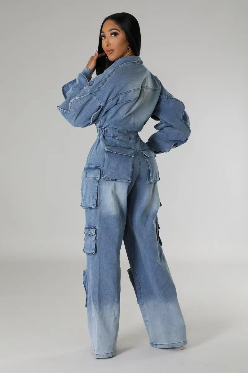 Jumpsuits Women Overalls Denim Spliced Long Sleeve Ruffles Rompers Pockets Streetwear Solid Jumpsuit Straight Pants Jeans Y2k