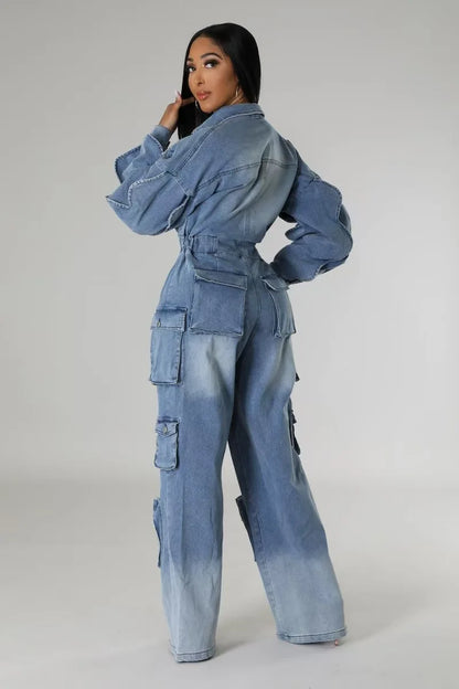 Jumpsuits Women Overalls Denim Spliced Long Sleeve Ruffles Rompers Pockets Streetwear Solid Jumpsuit Straight Pants Jeans Y2k