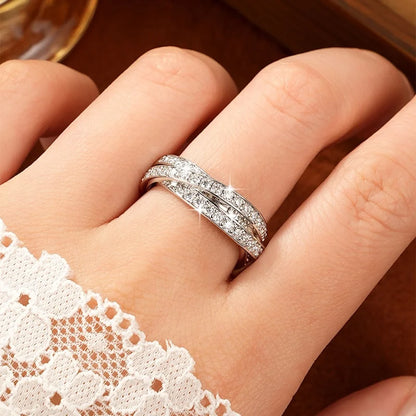 Rrjzz Light Luxury Full Moissanite Eternal Ring for Women Three-layer Cross D-Color Lab Imitation Diamond Birthday Jewelry Gifts