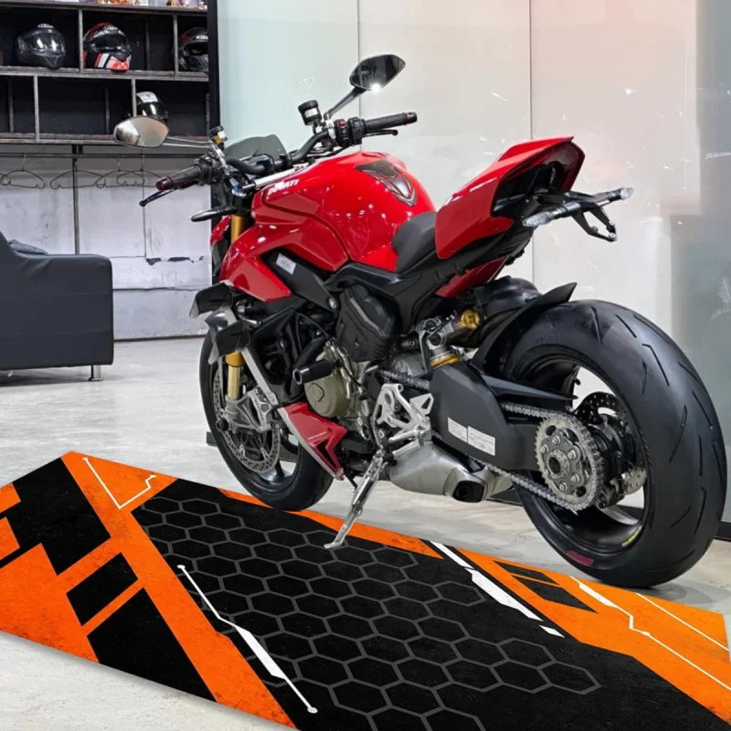 VIKAMA Black Orange Motorcycle Mat Sporty Style Biker Rug Racing Carpet Non-Slip Modern Home Decor Floor Mat for Garage