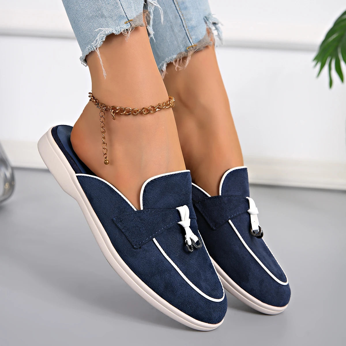 Four Seasons Women Suede Tassel Decor Backless Mule Loafers Non-Slip Flat Sole Slip-On Office Work Daily Casual Walking Shoes