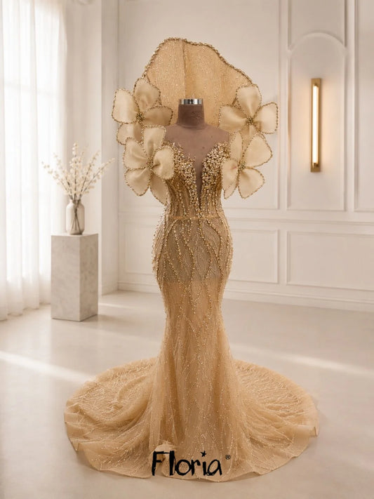 2026 Modern Champagne Prom Dress Women's Formal Wedding Party Gowns Customized Sweep Train Mermaid Celebrity Dress 3D Leaf Gown