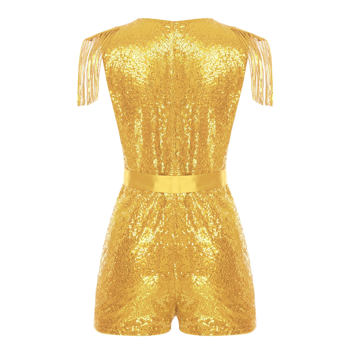 Women Sequined Unitard Fashion Short Romper Belted Tassels Jumpsuits Clubwear Sleeveless Sparkly Rave Disco Club Party Costume