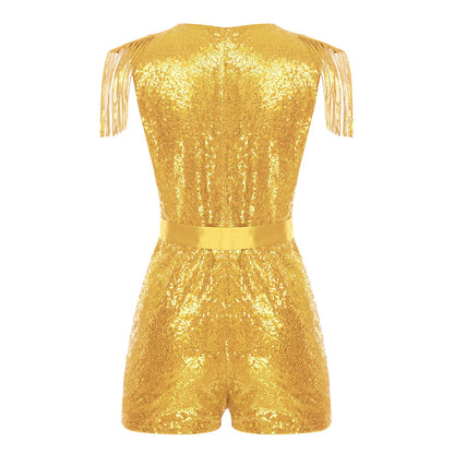 Women Sequined Unitard Fashion Short Romper Belted Tassels Jumpsuits Clubwear Sleeveless Sparkly Rave Disco Club Party Costume