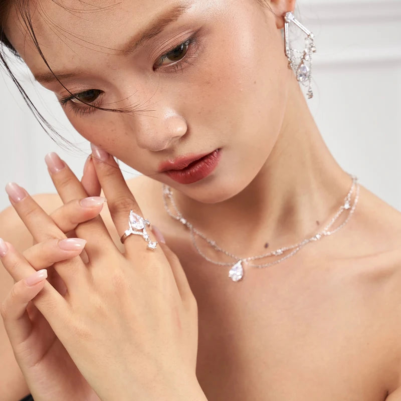 Luxury Sterling Silver Double-Deck Water Droplet Shape Women Choker AAA Zircon Chain Necklace Fine Jewelry Wedding Party Gift