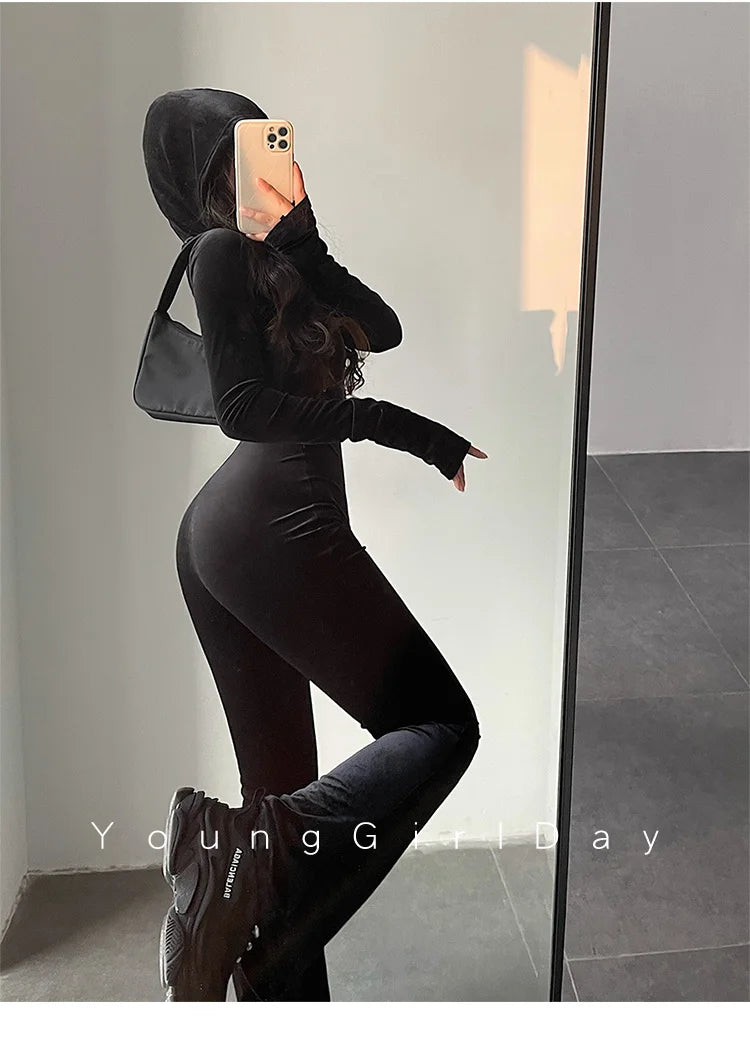 WOMENGAGA Fashion Black Velvet Slim Hooded Zipper Long Sleeve Flare Pants Jumpsuit Rompers Korean Sexy Hot Tops 2022 9P64