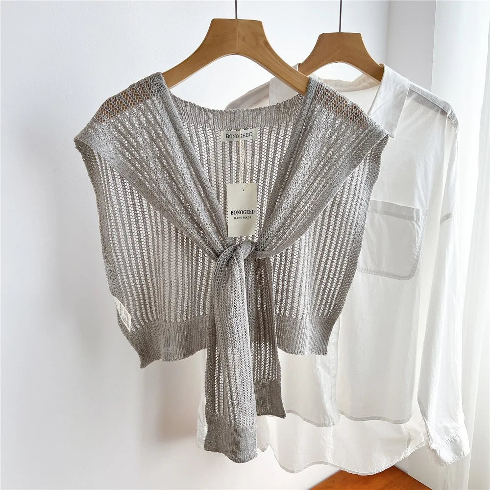 Women Plain Solid Lace Hollow Out Shawls Summer Air Conditioning Fake Collar Neck Guard Knit Thin Knotted Cape Shoulder Scarves