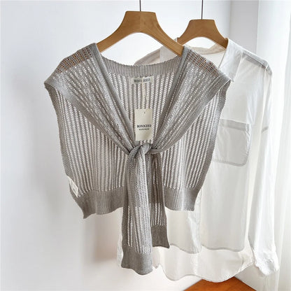 Women Plain Solid Lace Hollow Out Shawls Summer Air Conditioning Fake Collar Neck Guard Knit Thin Knotted Cape Shoulder Scarves
