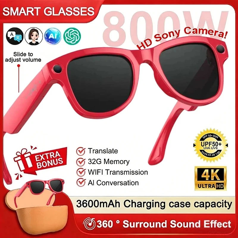 2026 AI Smart Glasses M02 Ultra 1080P HD Camera ChatGPT 3600mAh Charging Case Power Bank 32GB Translation Music Video Sunglasse