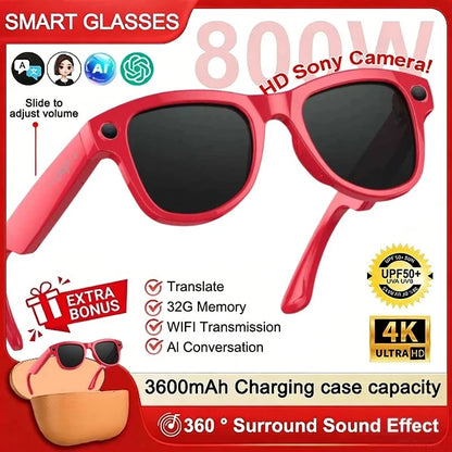 2026 AI Smart Glasses M02 Ultra 1080P HD Camera ChatGPT 3600mAh Charging Case Power Bank 32GB Translation Music Video Sunglasse