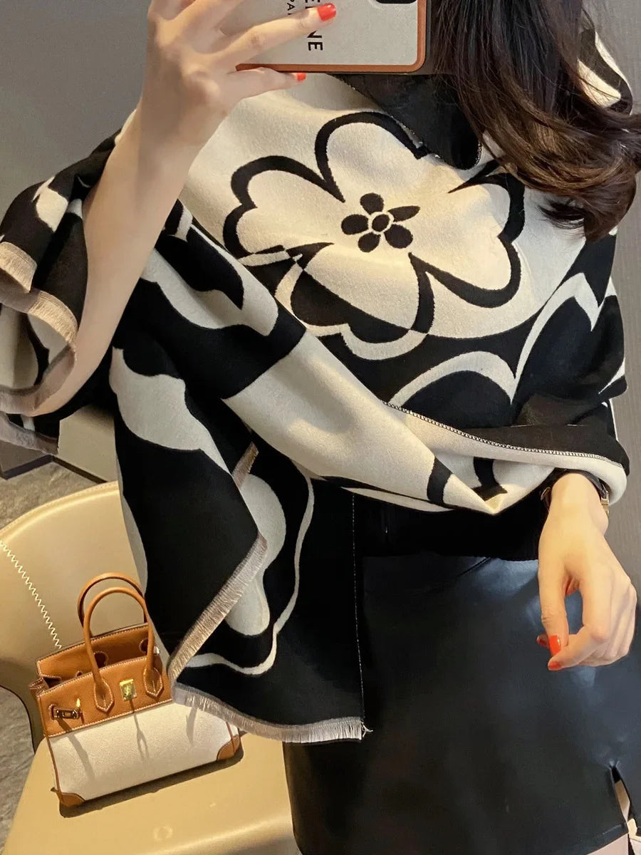 Elegant Women Flowers Soft Acrylic Cashmere Scarf Shawl Autumn Winter Neckerchief Spring Summer Travel Cape Long