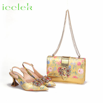 Newest Green Color Print Design High Heels Decorated with Water Rhinestone Party Women's Shoes and Bags Set