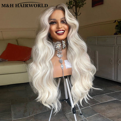 13X3 Glueless Frontal Lace Wigs For Women Long Wavy Synthetic Hair Lace Front Wigs Ombre Platinum Blonde Heat Resistant Hair Wig