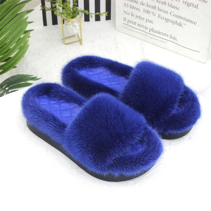 2026 Women Real Mink Fur Slippers Indoor Outdoor Luxury Shoes For Women Comfort Platform Fluffy Slipper Slides For Woman Summer