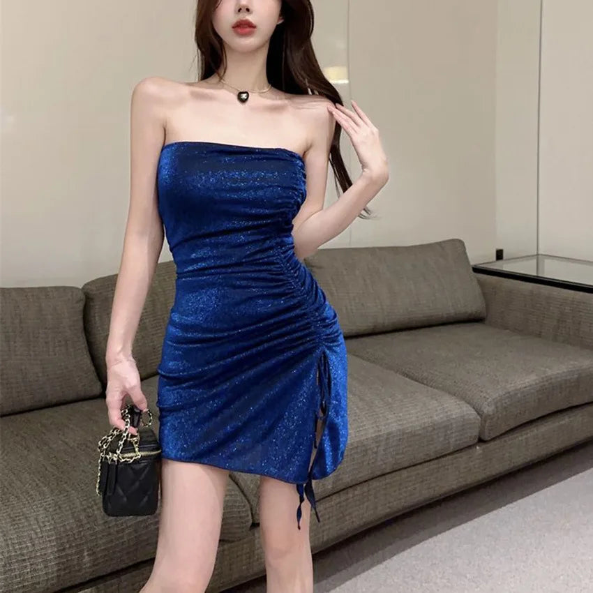 Summer new blue design sense one-piece skirt wrap hip slip dress holiday style Spice sexy slit slim dress woman