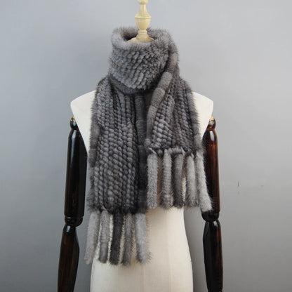 2026 Luxury Women Muffler 100% Real Mink Fur Scarf With Tassel Hand Knitted Natural Mink Scarves Neck Warmer Poncho Wholesale