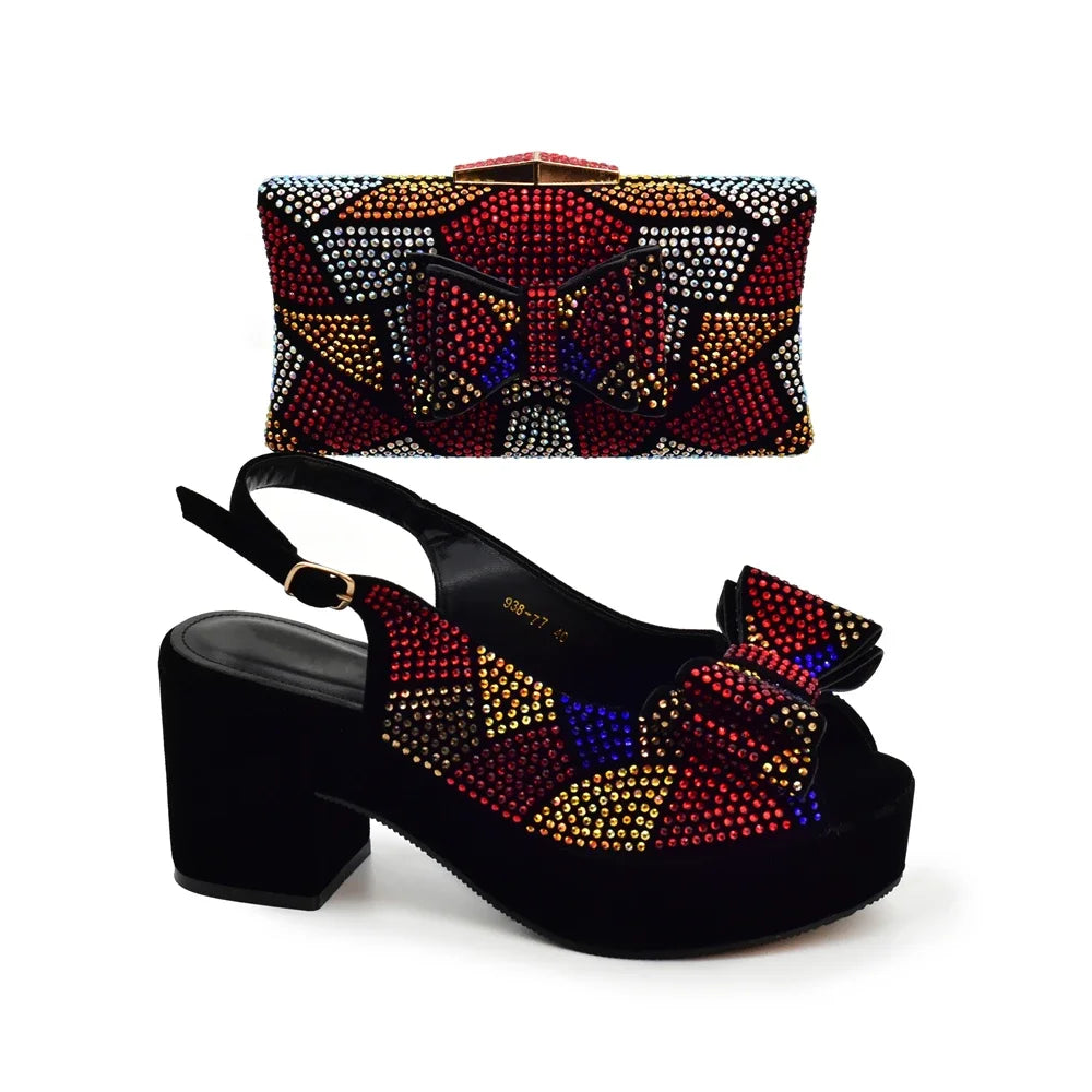Nigeria Ladies Shoe and Bag Set Decorated with Rhinestone Block Heel Comfortable Platform Pumps Luxury Designer Shoes Women