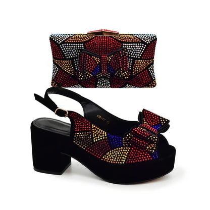 Nigeria Ladies Shoe and Bag Set Decorated with Rhinestone Block Heel Comfortable Platform Pumps Luxury Designer Shoes Women
