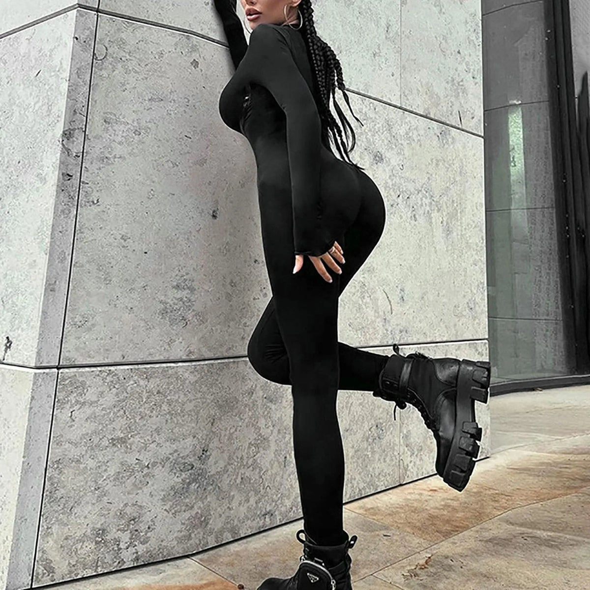 Women'S Deep V Tight Jumpsuit Long Sleeve Sports Jumpsuit With Zip Playsuits Sporty Romper Female Elastic High Waist Jumpsuits