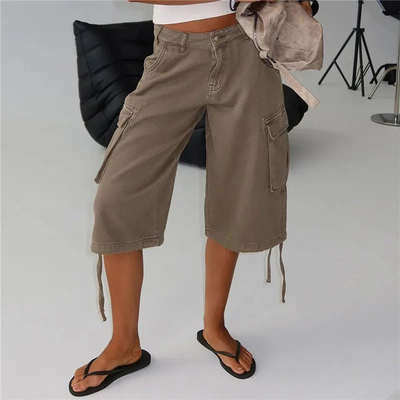 Women Camouflage Cargo Capri Pants Low Waist Multi Pocket Drawstring Hem Denim Bermuda Shorts Y2K Vintage Streetwear