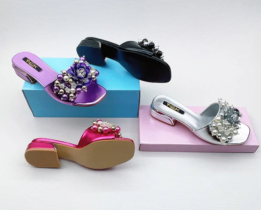 Women Purple Block Heels 3cm Slippers To Match Shoes And Bag Crystal Flowers High Heeled Slides For Summer Fashionable Shoes 43