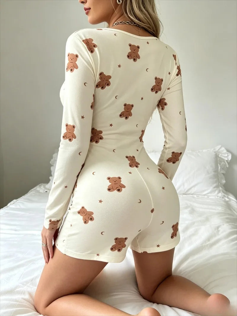 Summer Casual Little Bear Print Bodysuit Women's Sexy Onesies Pajamas Sleepwear V-neck Front Button Long Sleeve Jumpsuit