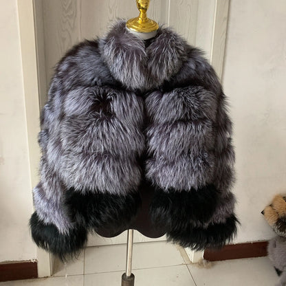 New Fashion Women's Winter Natural Fur Coat Silver Fox Mixed Collar Design High Quality Real Fur Coat real fur coat women luxury