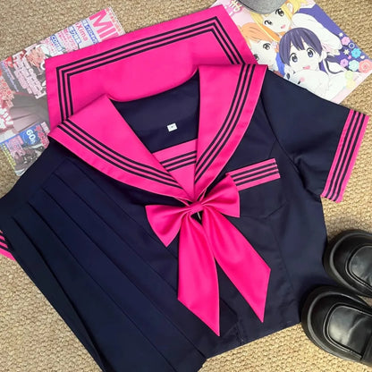 Rose Red Sailor Fuku Suit Korean Japanese High School Girls Student Uniform Women Sexy Jk Uniform Set Short Sleeve Pleated Skirt