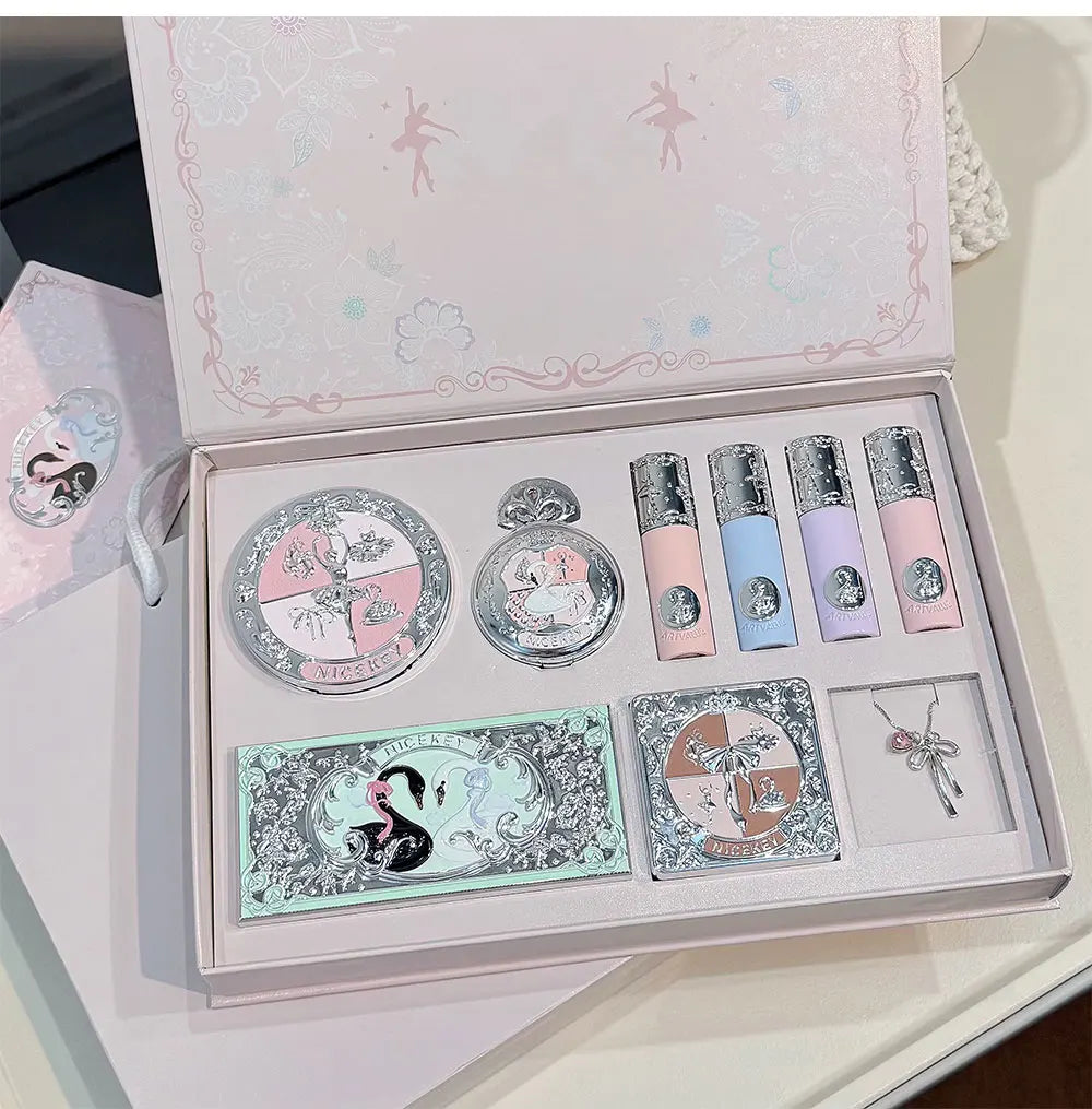 NICEKEY Makeup Kit Include 4 Matte Lipgloss,1 Face Blusher,1 Pressed Powder,1 Eyesshadow Palette,1 Contour Palette With Necklace