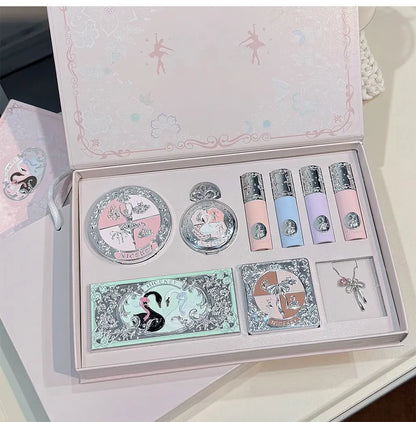 NICEKEY Makeup Kit Include 4 Matte Lipgloss,1 Face Blusher,1 Pressed Powder,1 Eyesshadow Palette,1 Contour Palette With Necklace