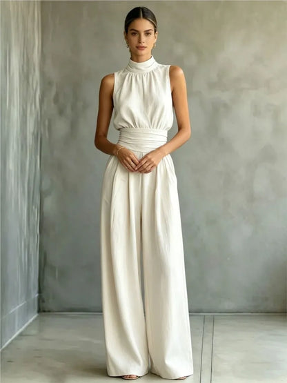 Summer New Fashion Half Turtle Collar Sleeveless Women's Jumpsuit 2026 Elegant Slim Waist Shaping Wide Leg Female Rompers