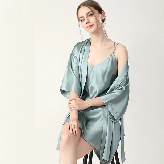 100% Real Silk Pajamas for Women Summer Two-Piece Set Sexy Cami Nightgown & Robe Set Mulberry Silk Sleepwear Autumn Winter