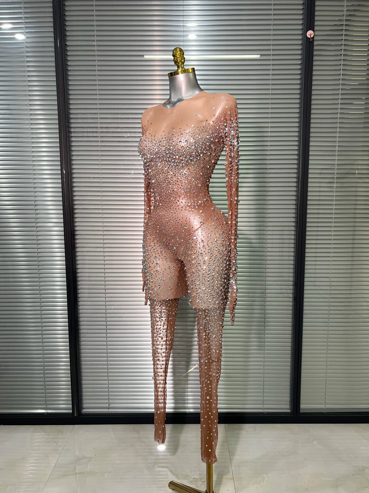 Women Sexy Crystal Sheer Blue Silver Skin Bodycon Jumpsuit Celebrity Designer Shinning Dancer Night Club Rompers Gloves