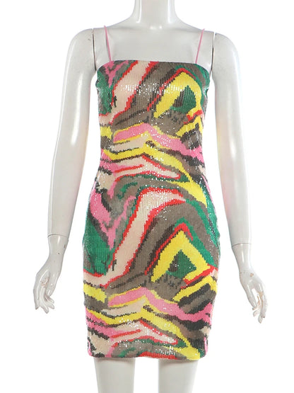 Weird Puss Sequin Patchwork Sling Dress Woman Colorful Print Low-Neck Backless Skinny Peach Hip Evening Party Sexy Mini Bodycon