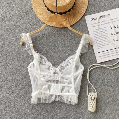 French Chic Sexy Woman Sleeveless Skinny Backless Female Corset Camis Lace Sheer Spaghetti Strap Hotsweet Tank Tops Dropshipping