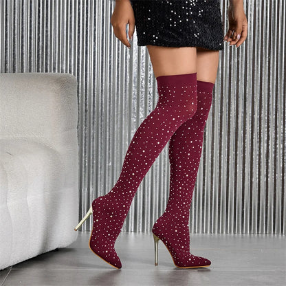 Liyke Sexy Pointed Toe Crystal Rhinestone Stretch Fabric Thigh High Boots Women Thin Heels Over The Knee Socks Shoes Size 35-43
