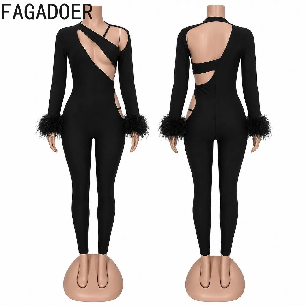 FAGADOER Women Sexy Cut Out Fur Patchwork Jumpsuit One Shoulder Long Sleeve Bodycon One Piece Club Party Night Out Outfit New